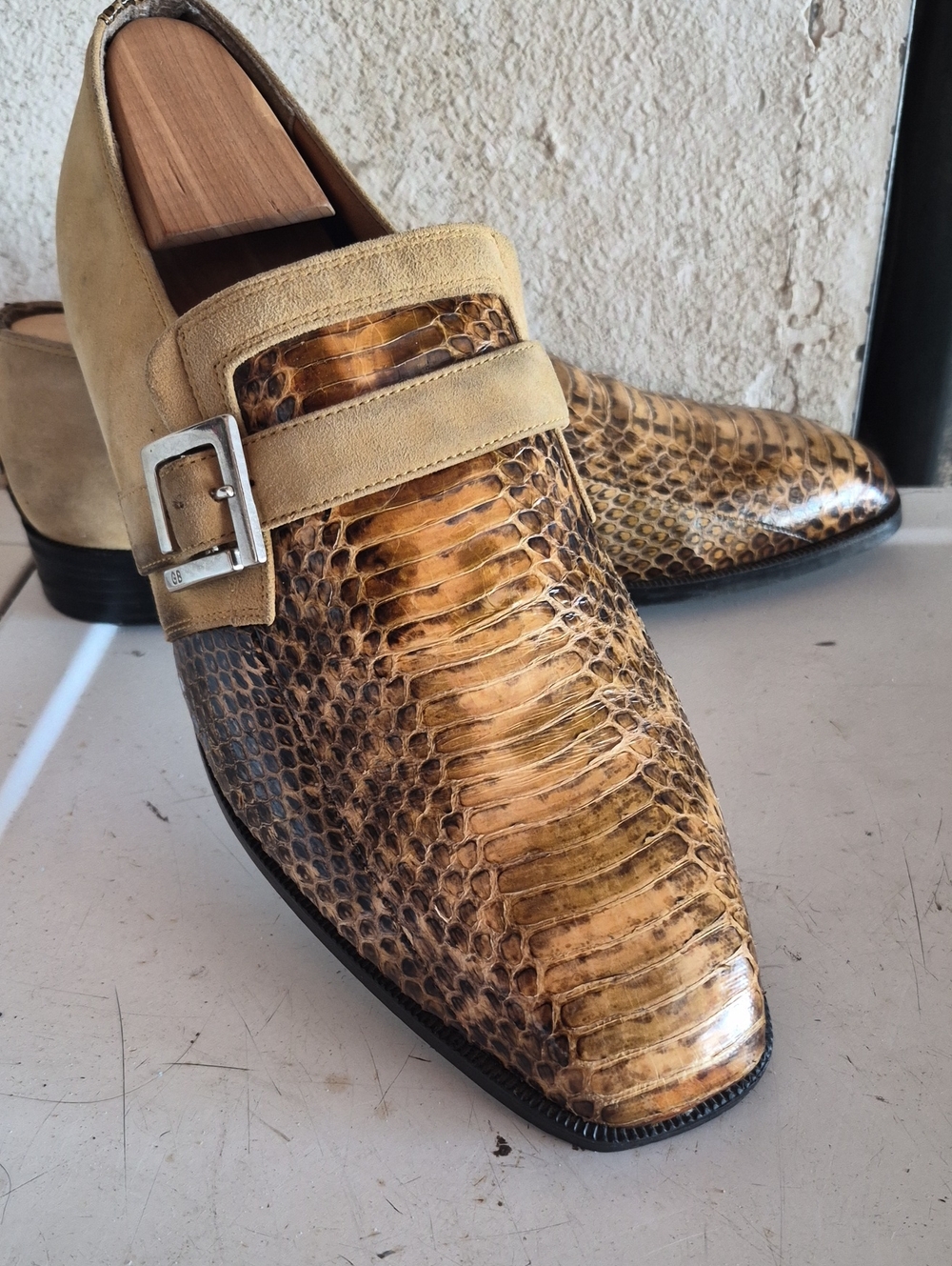 Men's Tan & Brown Exotic Leather Monk Strap Slip-Ons